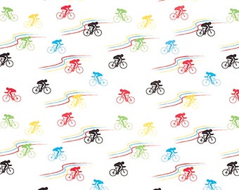 Tissu CYCLISTES au couleurs des Jeux Olympiques 2024, vélos  , tissu oeko tex , vendu par 50 cm