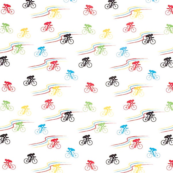 Tissu CYCLISTES au couleurs des Jeux Olympiques 2024, vélos  , tissu oeko tex , vendu par 50 cm