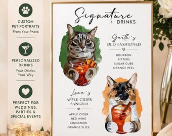 Custom Pet Signature Drink Sign, Wedding Bar Menu Decor with Dog Portrait, Open Bar Reception His and Hers Drinks Poster
