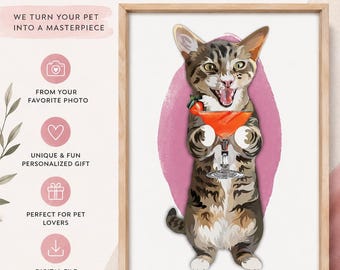 Cocktail Cat Martini Print Personalized Art Retro Pet Portrait Custom Signature Drink Digital Print Maximalist Home Wall Bar Sign Cart Decor