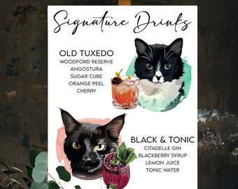 Menu bevande personalizzato con tema gatto per matrimoni / Whisker Sour / Cartello cocktail personalizzato / Regalo per amante dei gatti / Cartello bevanda con animale domestico