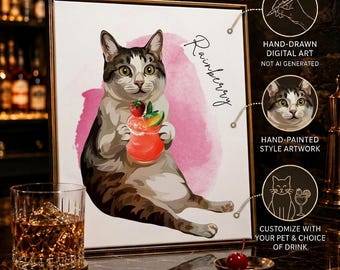 Custom Cat Cocktail Portrait, Funny Cat Drink Painting, Strawberry Daiquiri Pet Art, Bar Cart Decor, Gift for Cat Mom, Boozy Kitten Print