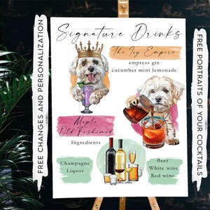 Menu de mariage pour chiens | Boissons pour chien pour elle | Enseigne cocktail signature | Menu de boissons de mariage d'automne | Décoration de bar acceptant les animaux de compagnie