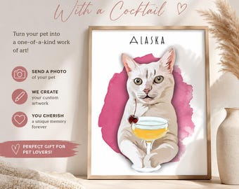 Custom Pet Portrait Art Lover Gift Digital Print Wedding Sign Cat Drinking Print Dog Open Bar Cart Decor Cocktail Sign Cat Holding Martini