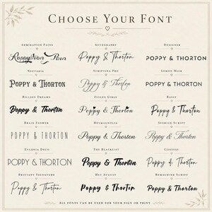 May include: A font selection chart titled Choose Your Font, displaying eighteen different black typeface styles for the text Poppy & Thorton. Each option is labeled with its specific font name, including Admiration Pains, Autography, Designer, Nectaria, Scriptina Pro, Lemon Milk, Billion Dreams, Fiolex Girls, Bassy, Brain Flower, Heymagnolia, Sverige Script, Evgenia Deco, The Blacklist, Cjistesy, Brittany Signature, Hey August, and Remachine Script.