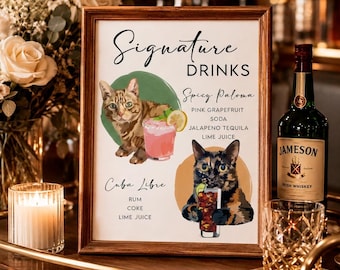 Custom Cat Signature Drink Sign for Wedding Bar, Pet Bar Sign Template, Drinks Menu with Cats Cocktail Sign, Personalised Party Bar Menu