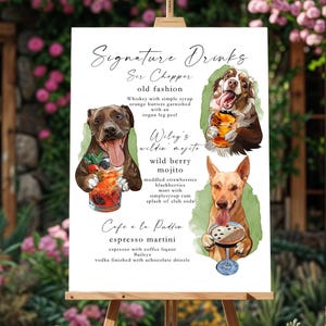 Niestandardowy znak menu baru dla psów na wesele – styl akwarelowy akrylowy | Znak baru z drinkami Signature | Zabawne menu zimnych i gorących napojów inspirowane zwierzętami