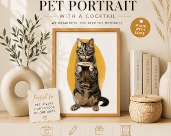 Personalized Cat Cocktail Art drinking coffee lover gift Pet Portrait custom digital funny poster Cocktail Print bedroom wall decor