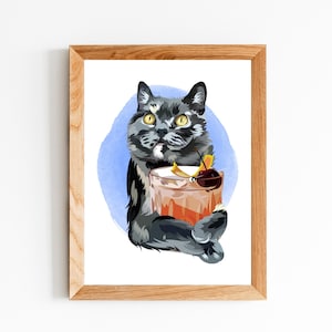 Portret zwierzaka dwa malowane kreskówki, Unikalny portret zwierzaka kreskówki, Stary szkic, Znak baru Espresso Martini, Francuski koktajl 75