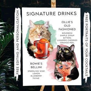 Haustier-Signatur-Getränkeschild, Hochzeitsbar-Getränkekatze, Getränkevorlage für sie, Cocktail-Hochzeit, Cocktailbar-Menü-Schild