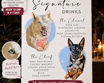 Custom Pet Bar Menu Printable, Wedding Signature Drinks Sign with Dog Cat Portrait, Personalized Cocktail Hour Reception Decor