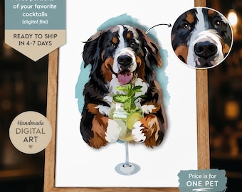 Custom Pet Portrait with Signature Cocktail, Personalized Dog Cat Bar Sign Digital Download, Dog Mom Gift, Funny Drink Wall Art