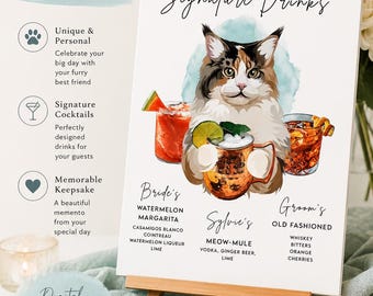 Custom Dog Signature Drink Bar Menu Sign His And Hers Drinks Personalize Reception Bar Welcome Wedding Sign Cat Photo Pet Party Favors Decor