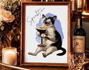 Custom Cat Espresso Martini Portrait | Funny Drinking Cat Bar Cart Art | Espresso Martini Cat Print | Gift for Cat Mom Bar Wall Decor