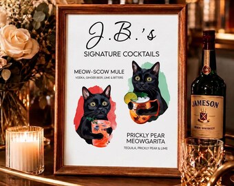 Custom Cat Wedding Bar Menu Sign, Personalized Pet Signature Drink Poster, Cat Lovers Party Decor, Watercolor Pet Cocktail Reception Art