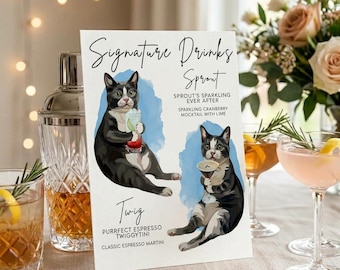 Custom Pet Bar Menu Sign with Portraits, Signature Drinks Wedding Sign, Cat Dog Cocktail Menu, Printable Pet Wedding Decor, Bar Menu Card