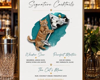Custom Pet Portrait Cocktail Drawing, Cat Martini Print Art, Signature Wedding Drink Bar Cart Sign