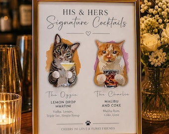 Pet Bar Sign Wedding Signature Cocktails Menu, Custom Cat Dog Portrait Bar Cart Decor, Printable Drinks Signage