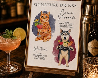 Custom Pet Signature Drink Menu Sign, Hand Drawn Dog Cocktail Poster, Wedding Bar Menu with Pets, Reception Drinks Display Digital Printable