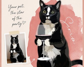 Cat Wine Art Print Funny Wall Art Pet Portrait Bar Cart Decor Print Cat Mom Gift Vintage Wedding Drink Menu Cat Custom Dog Painting