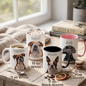 May include: Four ceramic mugs featuring dog portraits and names. One 11 oz white mug with a Boxer named Cooper, one 15 oz white mug with a Bulldog named Daisy, one 11 oz black accent mug with a Boston Terrier named Bruno, and one 15 oz pink accent mug with a Poodle named Lucky.