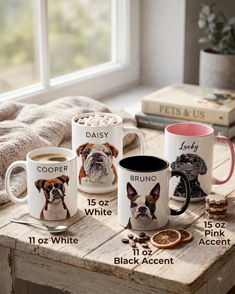 May include: Four ceramic mugs featuring dog portraits and names. One 11 oz white mug with a Boxer named Cooper, one 15 oz white mug with a Bulldog named Daisy, one 11 oz black accent mug with a Boston Terrier named Bruno, and one 15 oz pink accent mug with a Poodle named Lucky.