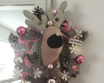 Türkranz Elch Wanddeko Rosé Weiß Zimt Braun Tilda Weihnacht Weihnachtsdekoration Rudolf Reindeer