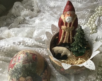 Antique Candycontainer Egg*Christmas 1900*Santa Claus Mass Papiermaché Sheep Lamb Fir Tree Antique*Decoration*Nostalgia CoeurDeCaschel