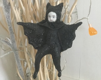 Wattepüppchen Fledermaus mit antikem Porzellankopf Wattekind Wattefigur Vintage antik*Halloween 1900*Dekoration*Nostalgie*Shabbychic*