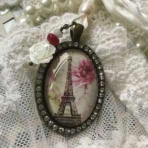 Edwardian Necklace Medallion Paris Freshwater Pearl Rose Eiffel Tower Cabochon Mother of Pearl Jade White Pink Silk Ribbon or Bronze Chain Rhinestone