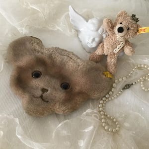 Alemão steiff urso & saco de pelúcia artista antigo steiff boneca pescoço bolsa berçário vintage bege laço presente aniversário
