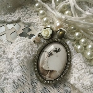 Rhinestone Necklace Freshwater Pearl Rose Cabochon Ballerina Medallion Edwardian Style White Silk Ribbon or Bronze Chain Valentine CoeursDeCaschel