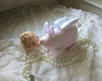 Lucky Pig Angel Angel Tilda Doll Artist Doll White Pink CoeursDeCaschel Christmas New Year New Year's Eve Lucky Charm Gift