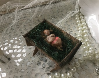 Antique wood flu with baby Jesus from wax Christmas*1900*old tree ornament Edwardian Christmas decoration