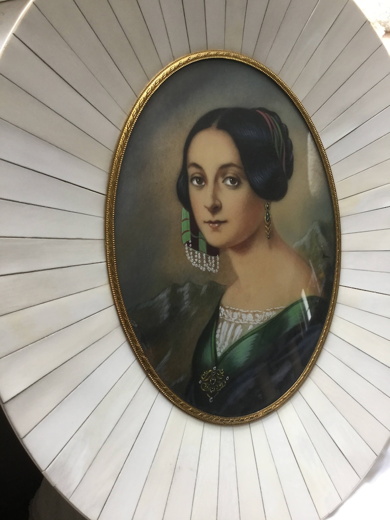 Rarity Antique Large Portrait of a Lady Magnifying Glass Painting