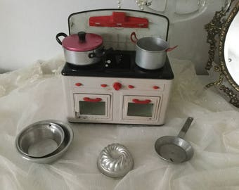 Antique small kitchen stove enamel doll furniture sheet metal oven dollhouse dollhouse furnishings*CoeursDeCaschel*
