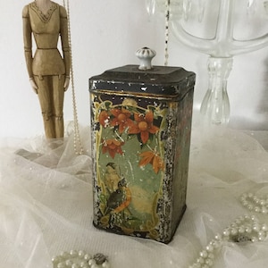 Tin can tin box storage tin with porcelain knob antique 1920 decoration Art Nouveau CoeursDeCaschel Brocante ArtDeco gift