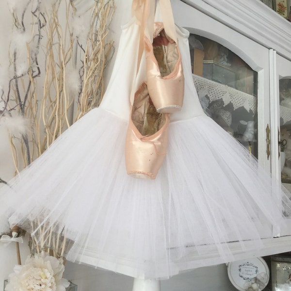 Ballet Tutu Blanc-neige &1 paire chaussures Pointe Shoes Rose tendre Tulle Vintage Shabbychic Dress Robe de danse Maillot Tütü