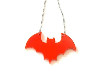 Bat Necklace Pendant In RED On 316L Surgical Steel Chain