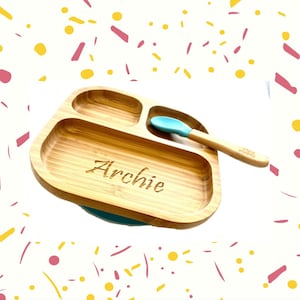 Personalised Bamboo Children&#39;s Dining Plate Spoon Set - Tiny Dining Kids Weaning Plate