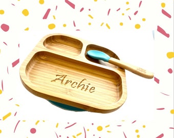 Personalised Bamboo Children's Dining Plate Spoon Set - Tiny Dining Kids Weaning Plate