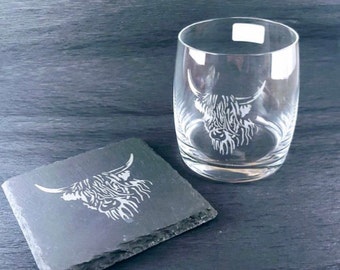Highland Cow Engraved Crystal Whisky Glass Tumbler With Rustic Slate Coaster Gift Set 350ml