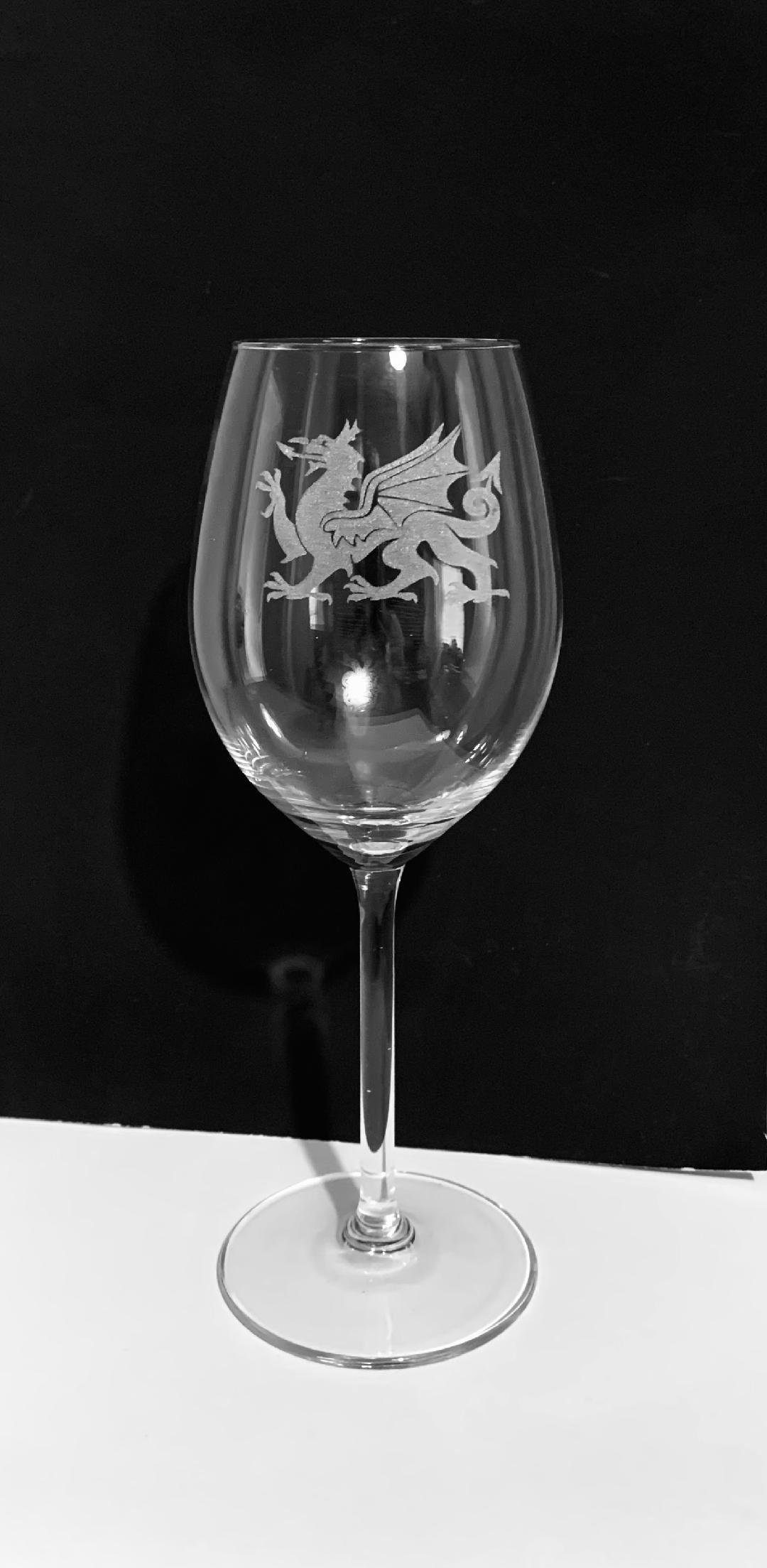 Welsh Dragon Engraved Stemmed Wine Glass Gift & Linea Slate Coaster ...