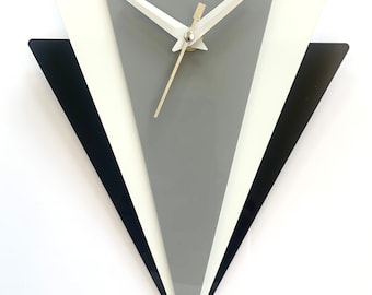 Art Deco Style Retro Wall Clock In Black White & Light Grey Acrylic