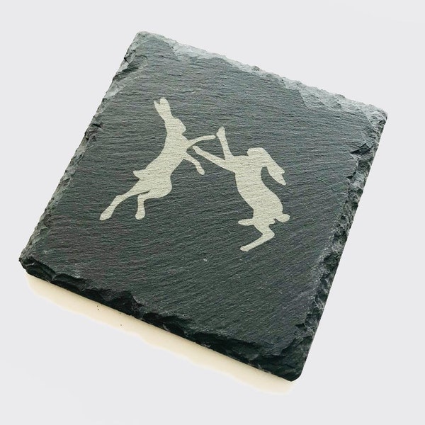 Boxing Hares Slate Coasters Laser Engraved Square Rustic Coaster Gift Set
