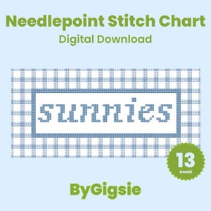 Op de afbeelding: Digitaal kruissteekpatroon met het woord "sunnies" in een blauw en wit geruit patroon. De tekst "Needlepoint Stitch Chart Digital Download" staat bovenaan en "13 mesh" staat in een groene cirkel rechtsonder.