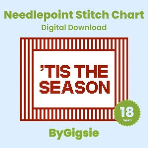 Tis The Season Red Stripe Digital Christmas Holiday Needlepoint Chart | PDF Download | 18 ct mesh | 6.1 x 4.7" inches
