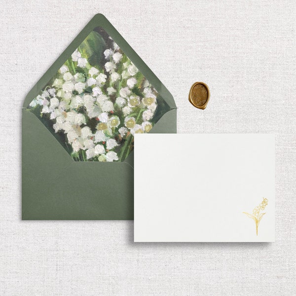 A2 Foil Pressed Lily of the Valley Flat Card Envelope, liner & Wax Seals | Set of 10 cards  envelopes | Blank Greeting Card | Lily Card