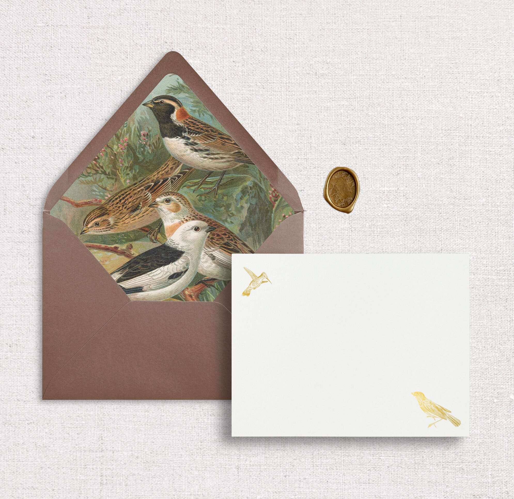 A2 Foil Pressed Garden Birds Flat Card Envelope, liner & Wax Seals | Set of 10 cards envelopes | Blank Greeting Card | Garden Birds Card