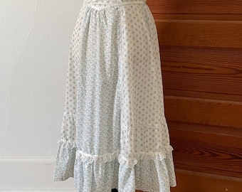 Falda estilo pradera vintage de los años 70, de algodón estampado floral azul, cintura alta, talla pequeña/mediana.